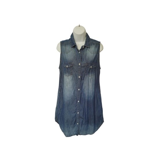 Sleeveless Denim Button-Up Shirt By JW Signature  Medium  100% Cotton  Distresse - Picture 8 of 12